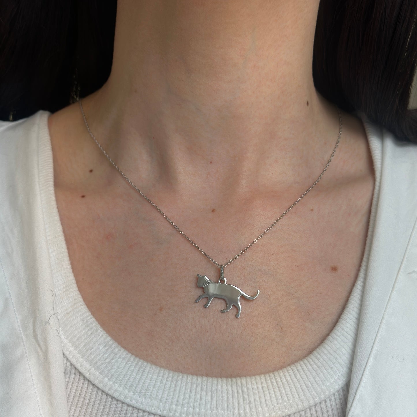 Sterling Silver Strolling Cat Flat Pendant Charm Necklace