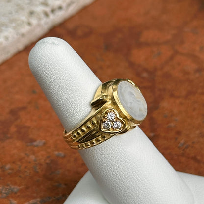 Estate Judith Ripka 18KT Yellow Gold Pearl Intaglio + Diamond Ring