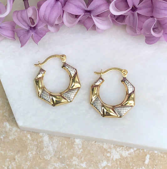 10KT Yellow Gold Two-Tone Etched Hoop Earrings