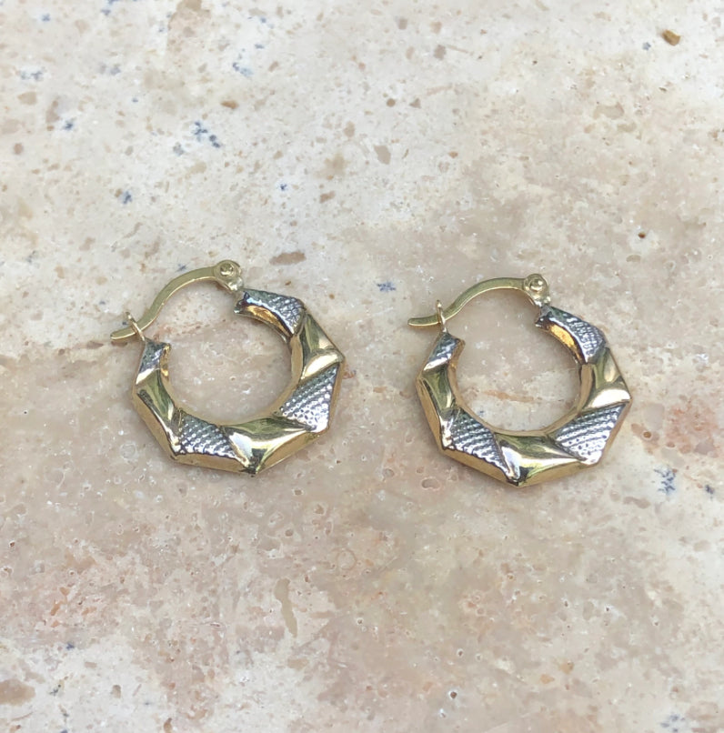 10KT Yellow Gold Two-Tone Etched Hoop Earrings