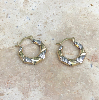 10KT Yellow Gold Two-Tone Etched Hoop Earrings