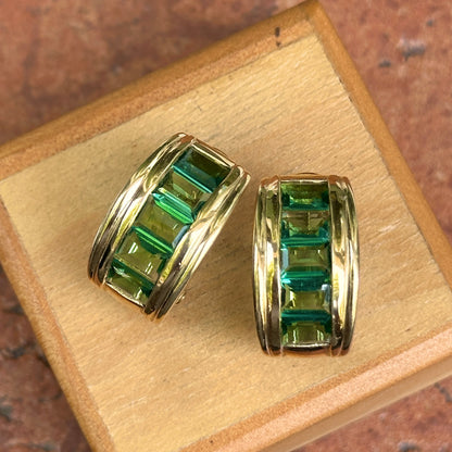 Estate 14KT Yellow Gold Emerald-Cut Green Tourmaline Half-Hoop Earrings