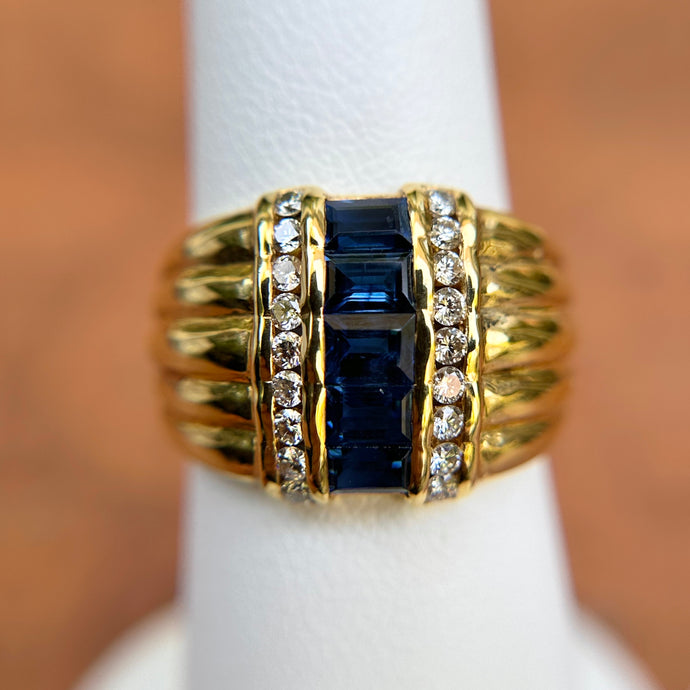 Estate 18KT Yellow Gold Channel-Set Baguette Blue Sapphire + Diamond Ring