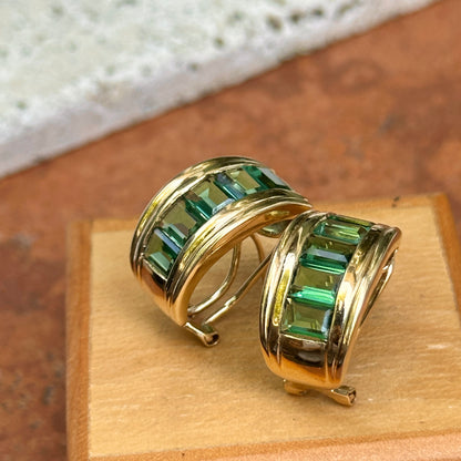 Estate 14KT Yellow Gold Emerald-Cut Green Tourmaline Half-Hoop Earrings