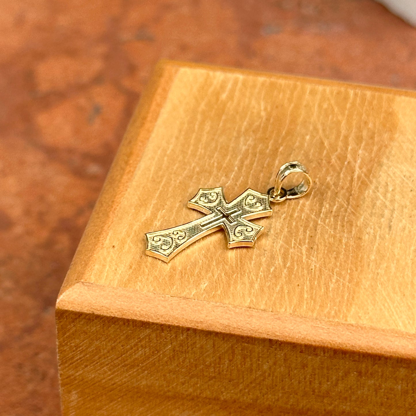 14KT Yellow Gold Small Textured Cut-Out Center Cross Pendant Charm
