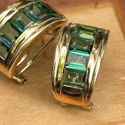 Estate 14KT Yellow Gold Emerald-Cut Green Tourmaline Half-Hoop Earrings