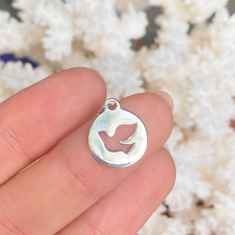 Sterling Silver Cut-Out Dove "Holy Spirit" Round Medal Pendant Charm