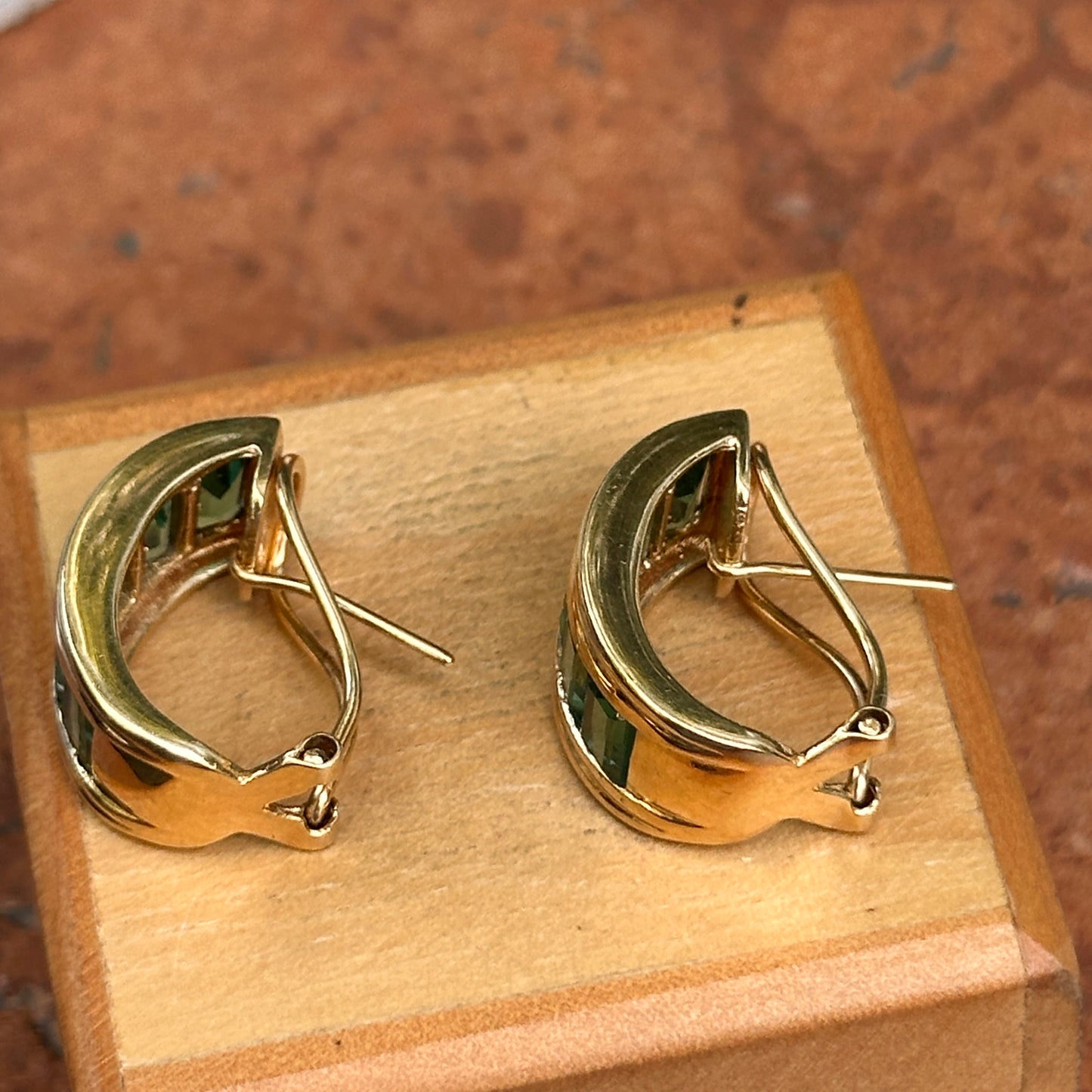 Estate 14KT Yellow Gold Emerald-Cut Green Tourmaline Half-Hoop Earrings
