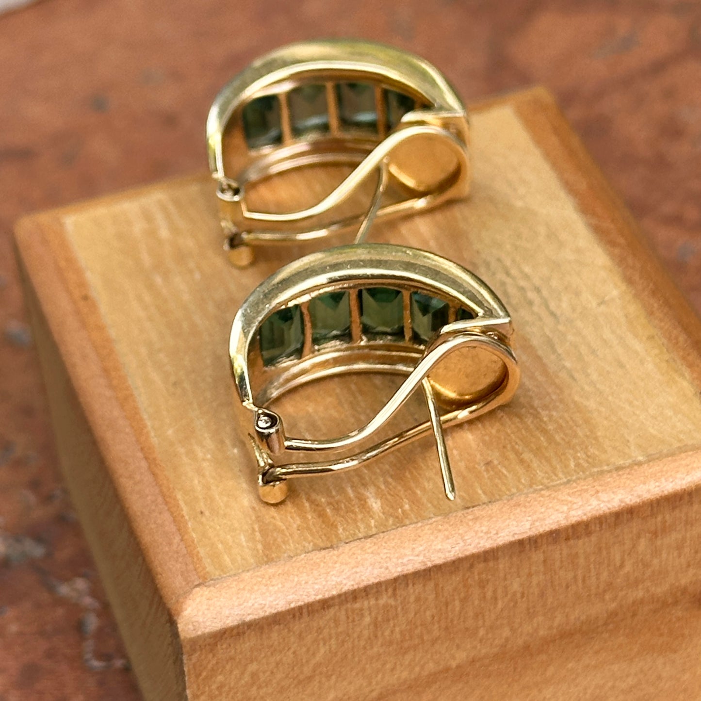 Estate 14KT Yellow Gold Emerald-Cut Green Tourmaline Half-Hoop Earrings