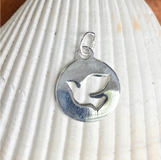 Sterling Silver Cut-Out Dove "Holy Spirit" Round Medal Pendant Charm