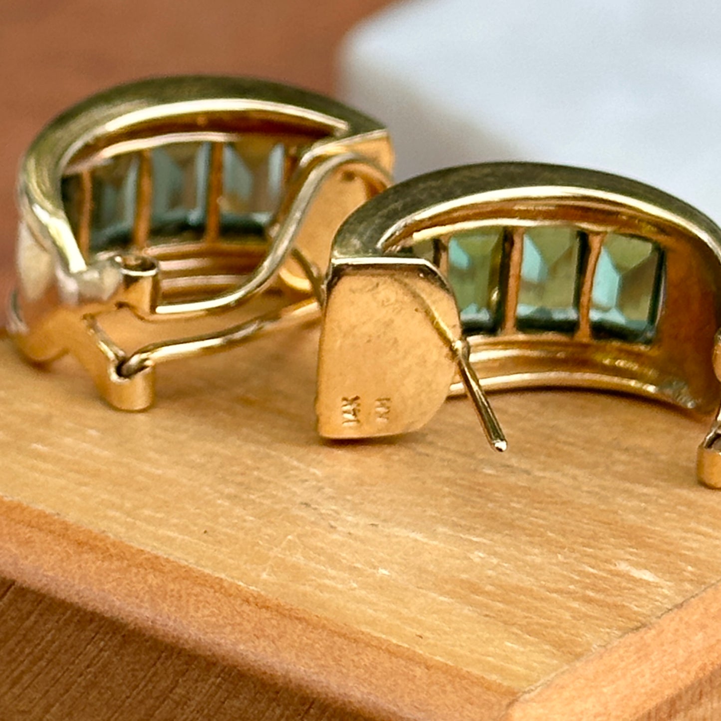 Estate 14KT Yellow Gold Emerald-Cut Green Tourmaline Half-Hoop Earrings