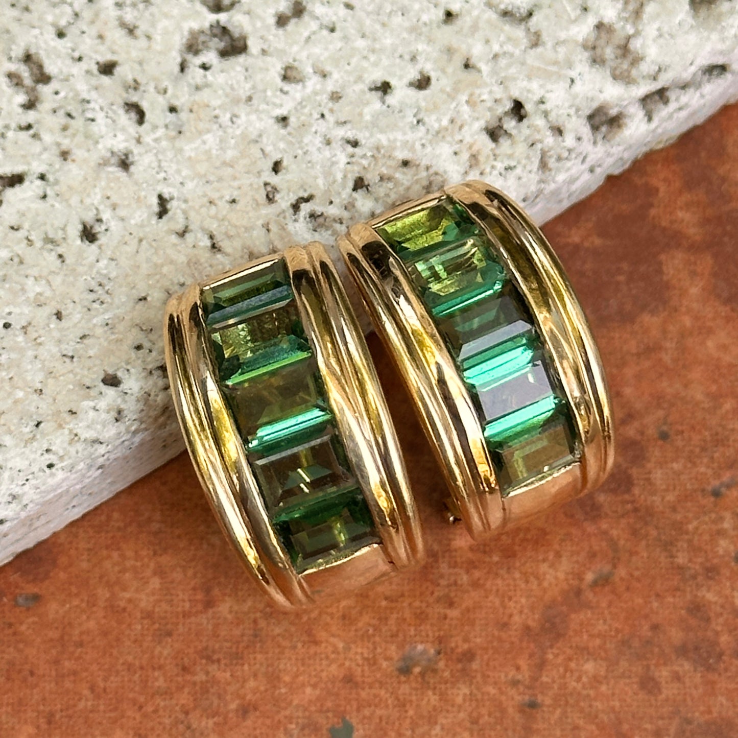 Estate 14KT Yellow Gold Emerald-Cut Green Tourmaline Half-Hoop Earrings