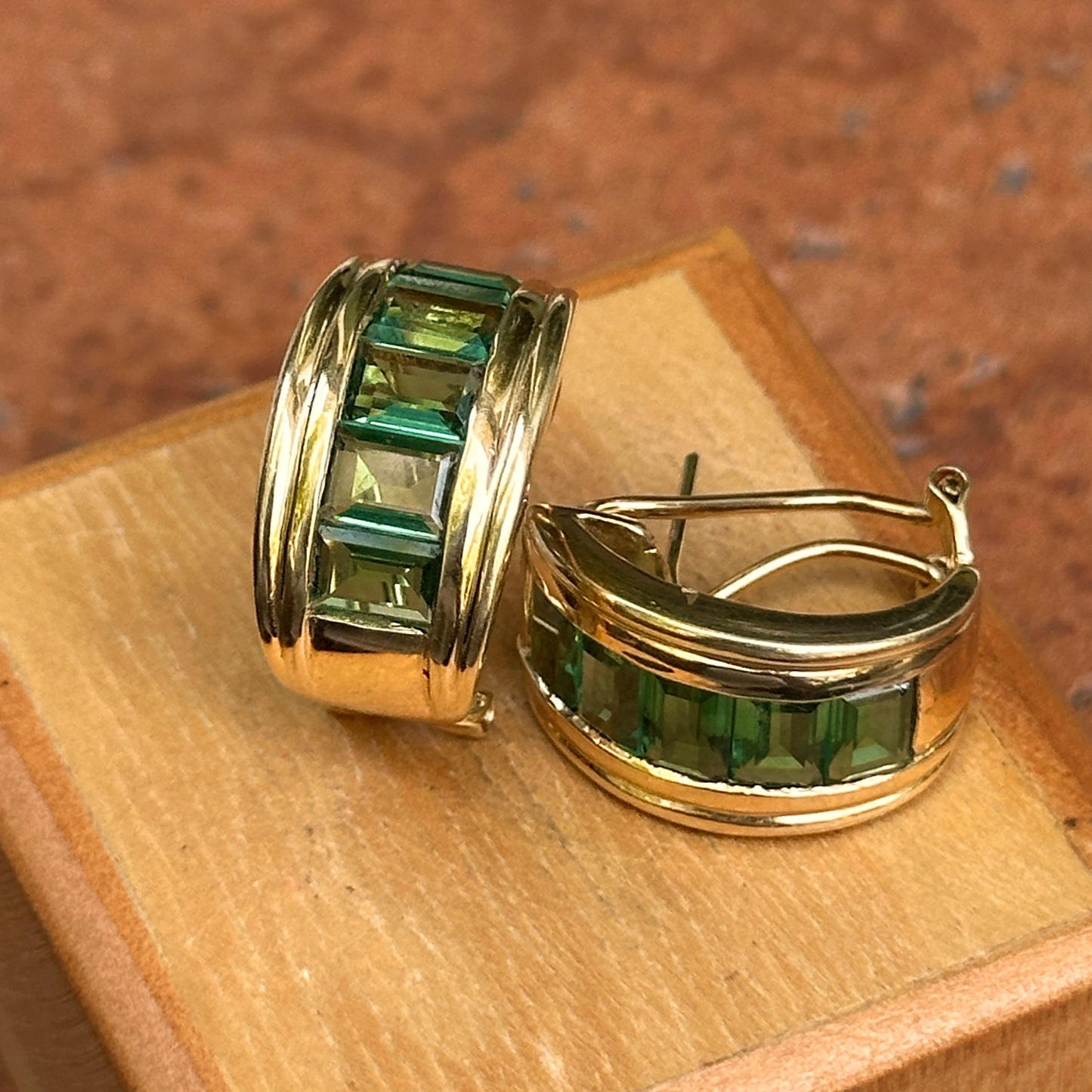 Estate 14KT Yellow Gold Emerald-Cut Green Tourmaline Half-Hoop Earrings