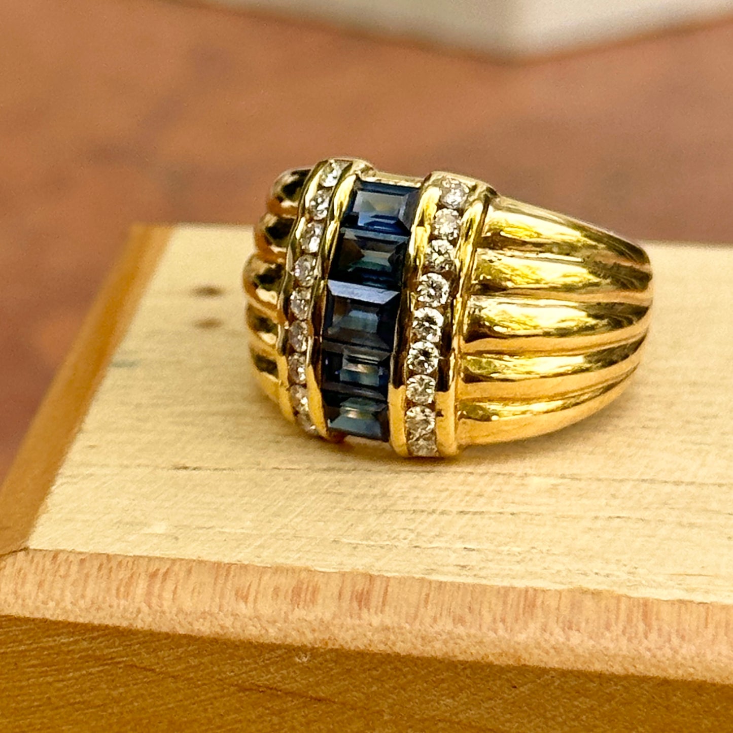 Estate 18KT Yellow Gold Channel-Set Baguette Blue Sapphire + Diamond Ring