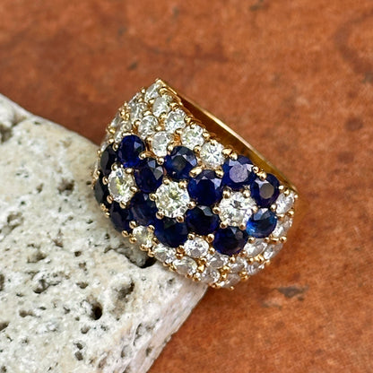Estate 18KT Yellow Gold Blue Sapphire + Diamond Flower Band Ring