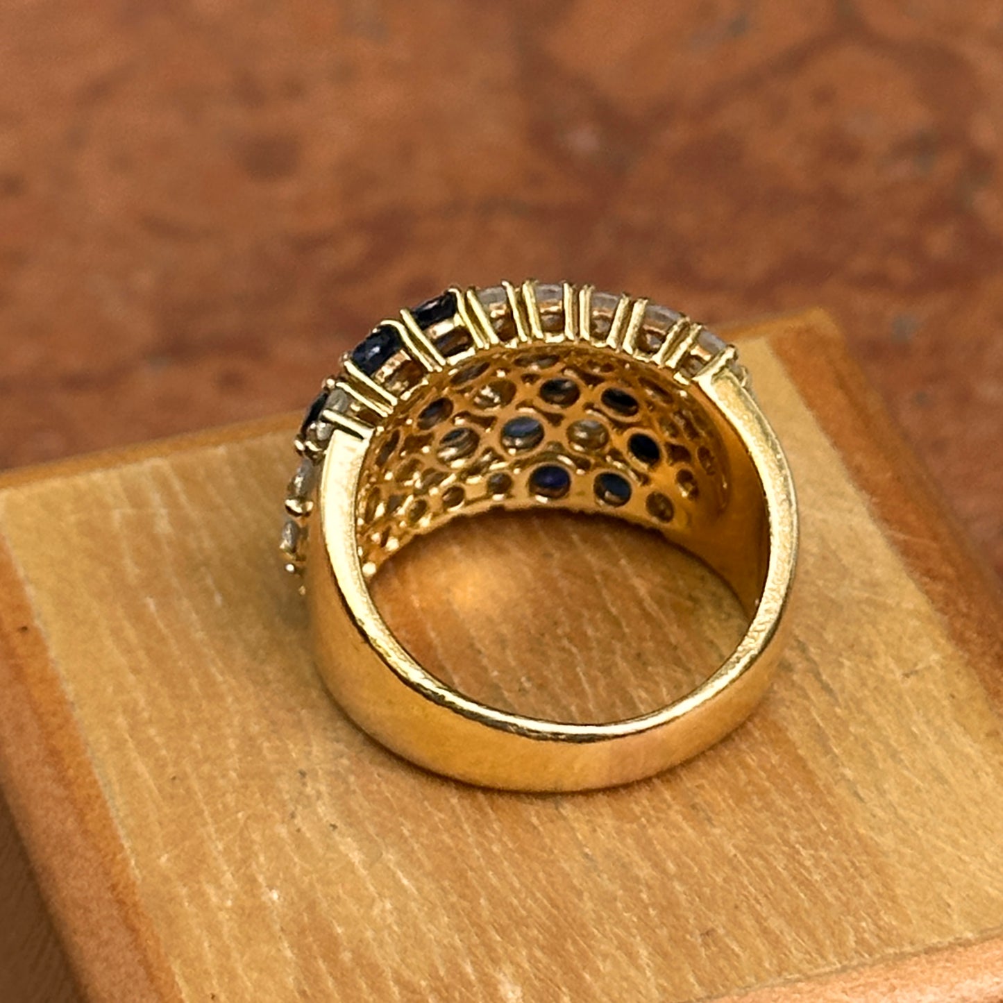 Estate 18KT Yellow Gold Blue Sapphire + Diamond Flower Band Ring