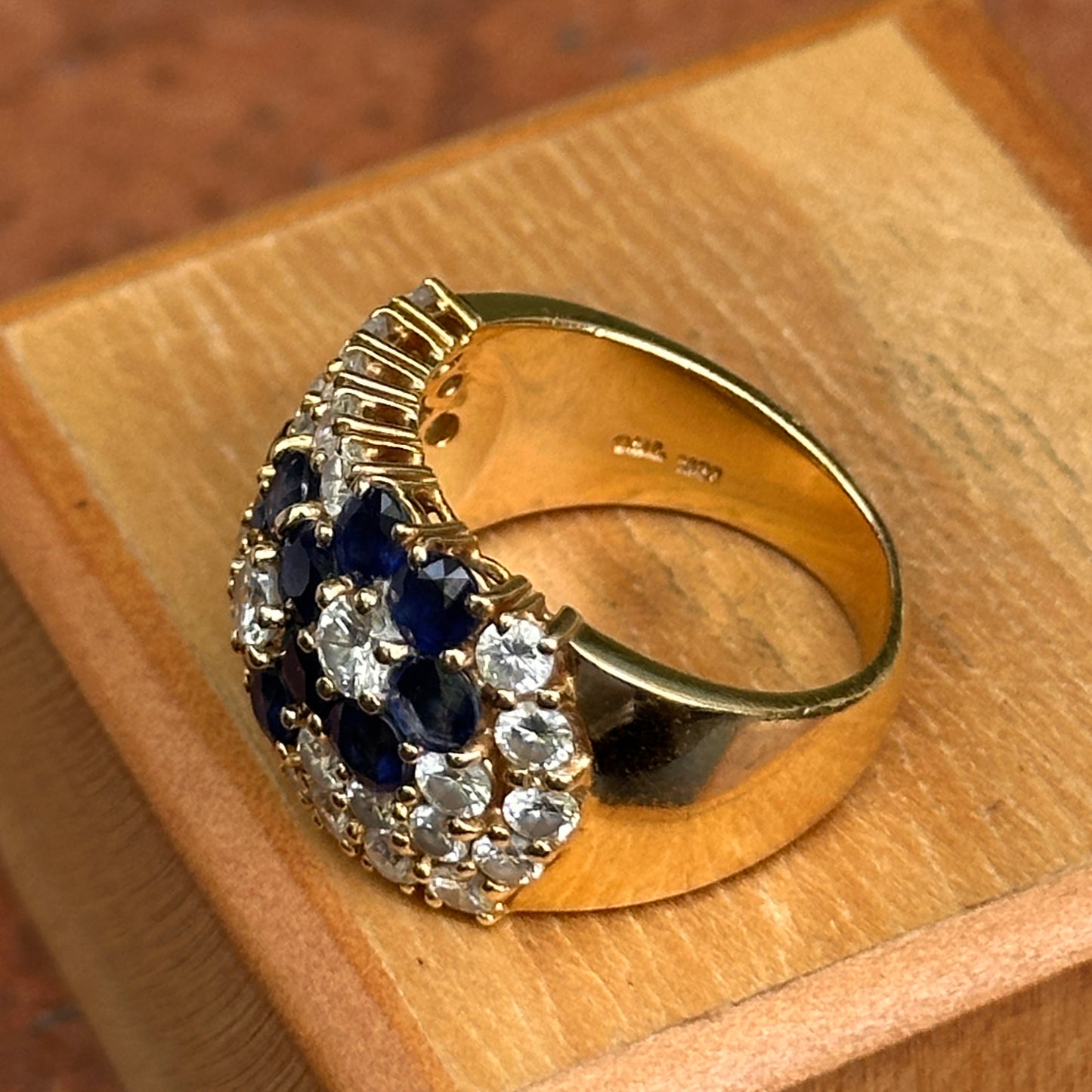 Estate 18KT Yellow Gold Blue Sapphire + Diamond Flower Band Ring