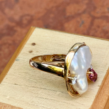 Estate 14KT Yellow Gold Blister Pearl, Tourmaline, + Diamond Ring