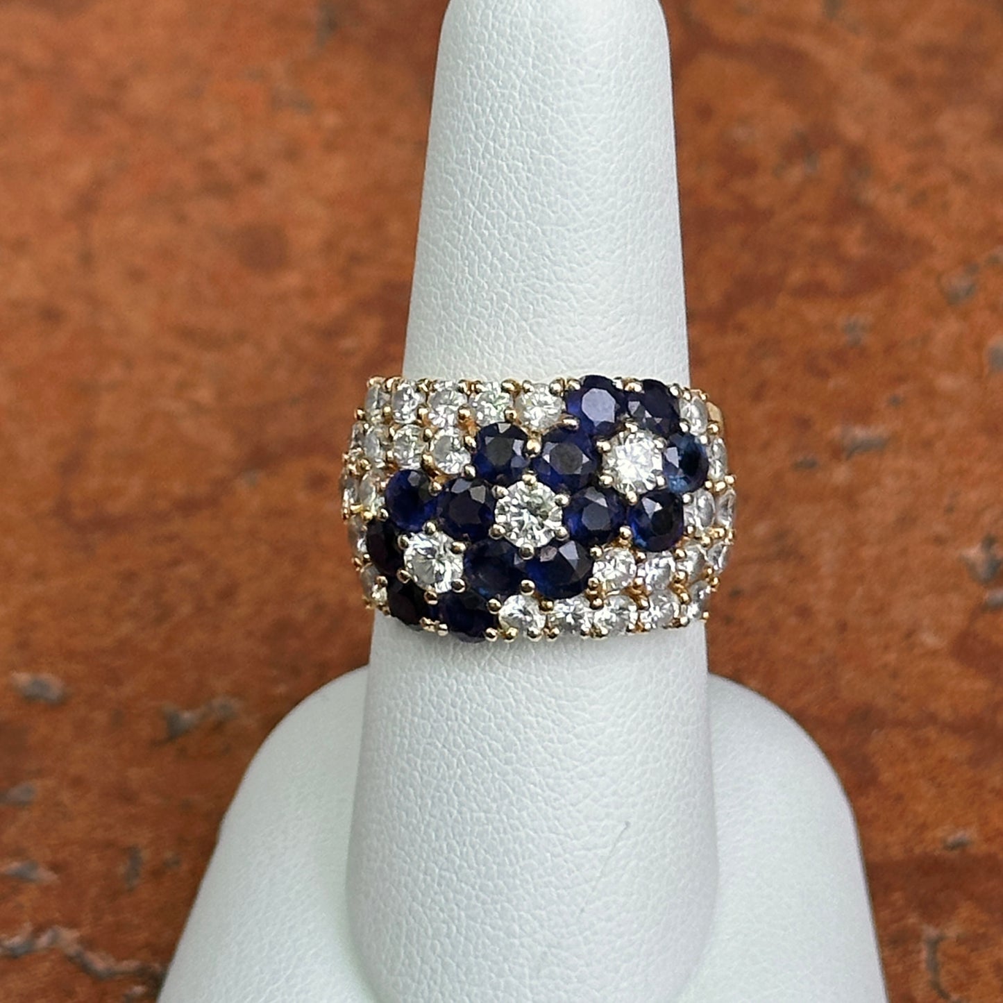 Estate 18KT Yellow Gold Blue Sapphire + Diamond Flower Band Ring