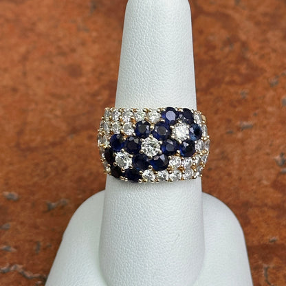 Estate 18KT Yellow Gold Blue Sapphire + Diamond Flower Band Ring