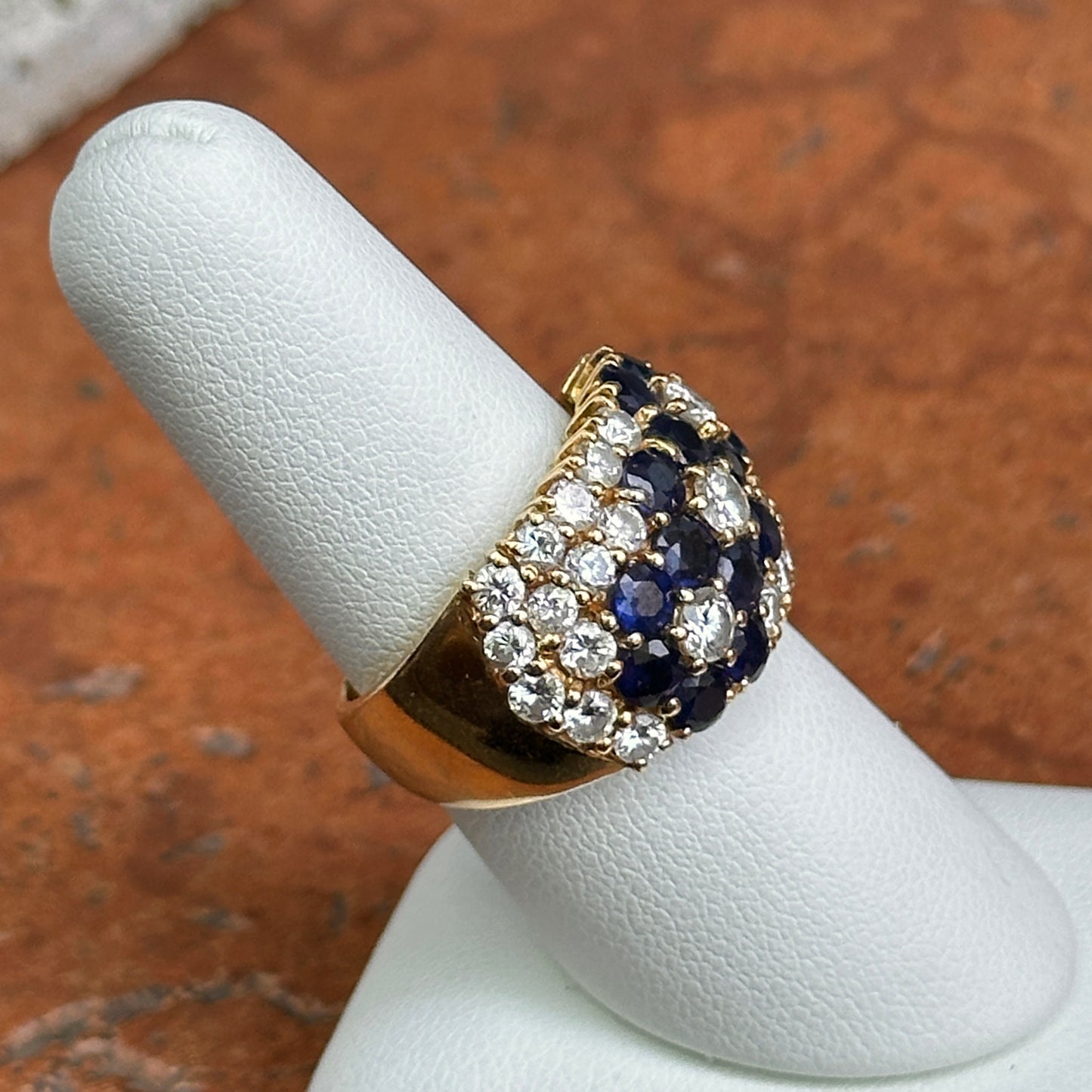 Estate 18KT Yellow Gold Blue Sapphire + Diamond Flower Band Ring