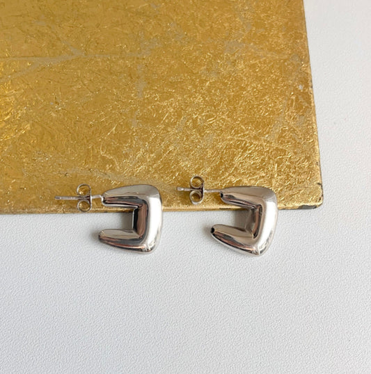 Sterling Silver Puffed Geometric C-Shape Squared Hoop Post Earrings