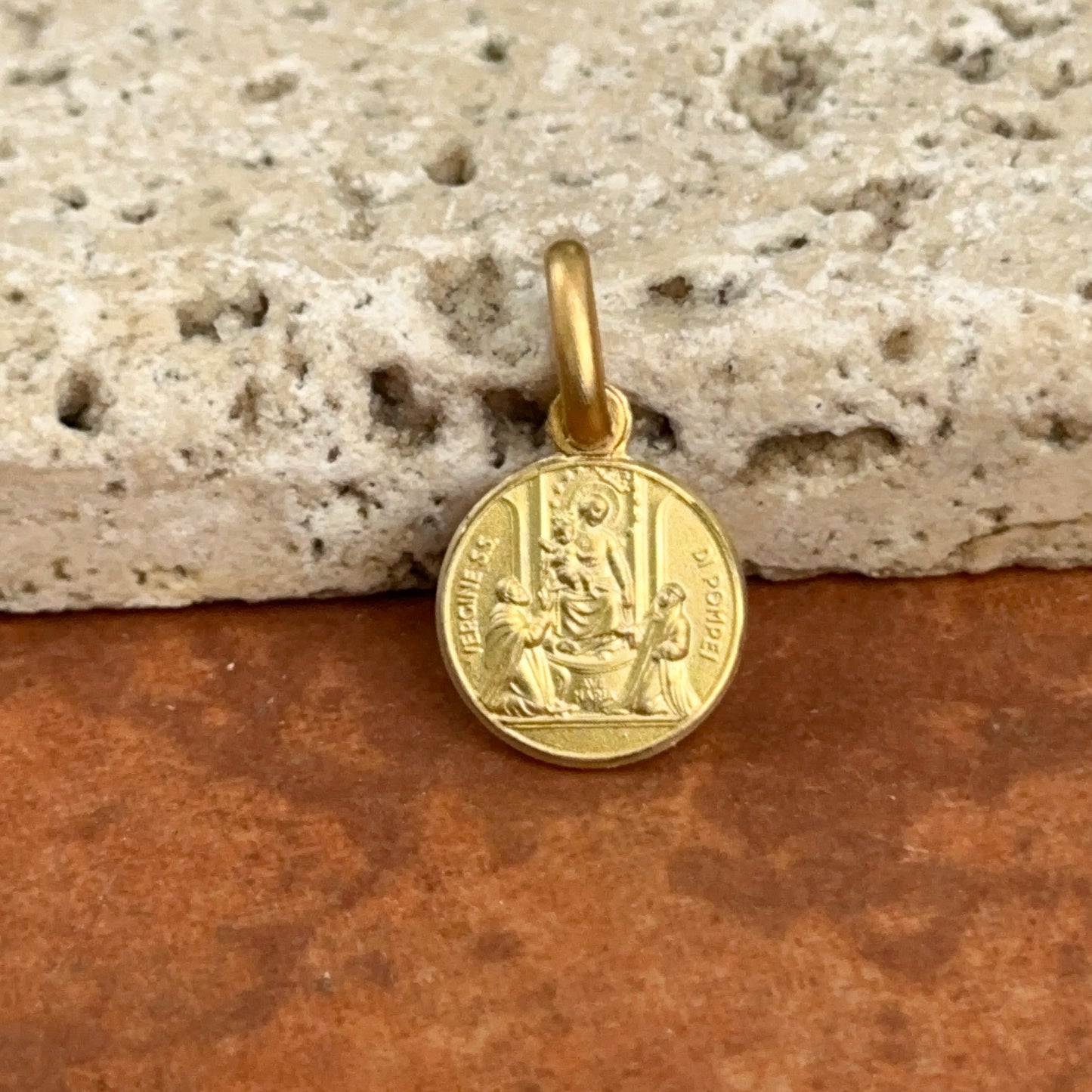 14KT Yellow Gold Our Lady of Pompei Matte Medal Pendant Charm 10mm