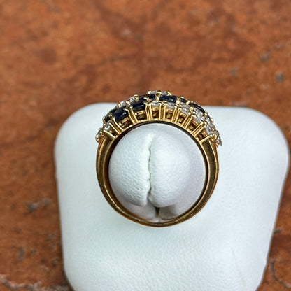 Estate 18KT Yellow Gold Blue Sapphire + Diamond Flower Band Ring