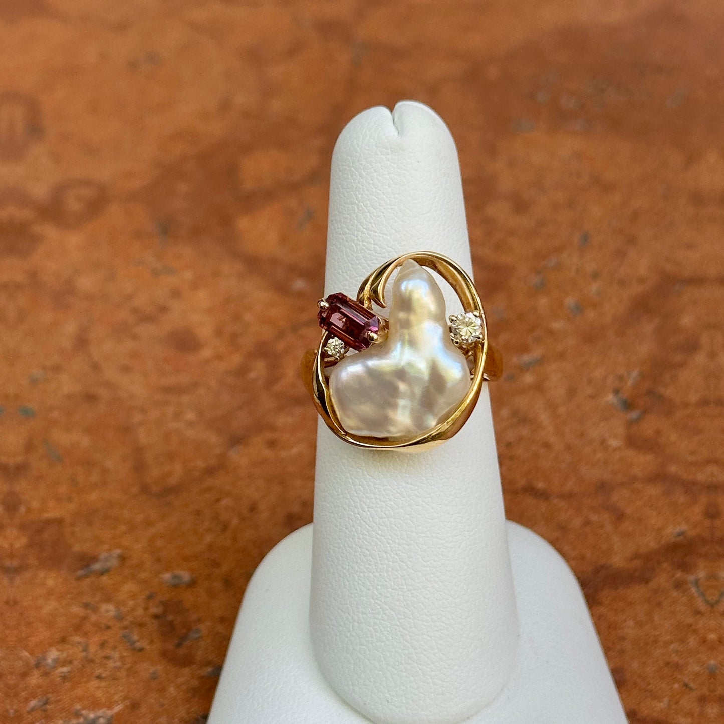 Estate 14KT Yellow Gold Blister Pearl, Tourmaline, + Diamond Ring