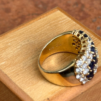 Estate 18KT Yellow Gold Blue Sapphire + Diamond Flower Band Ring