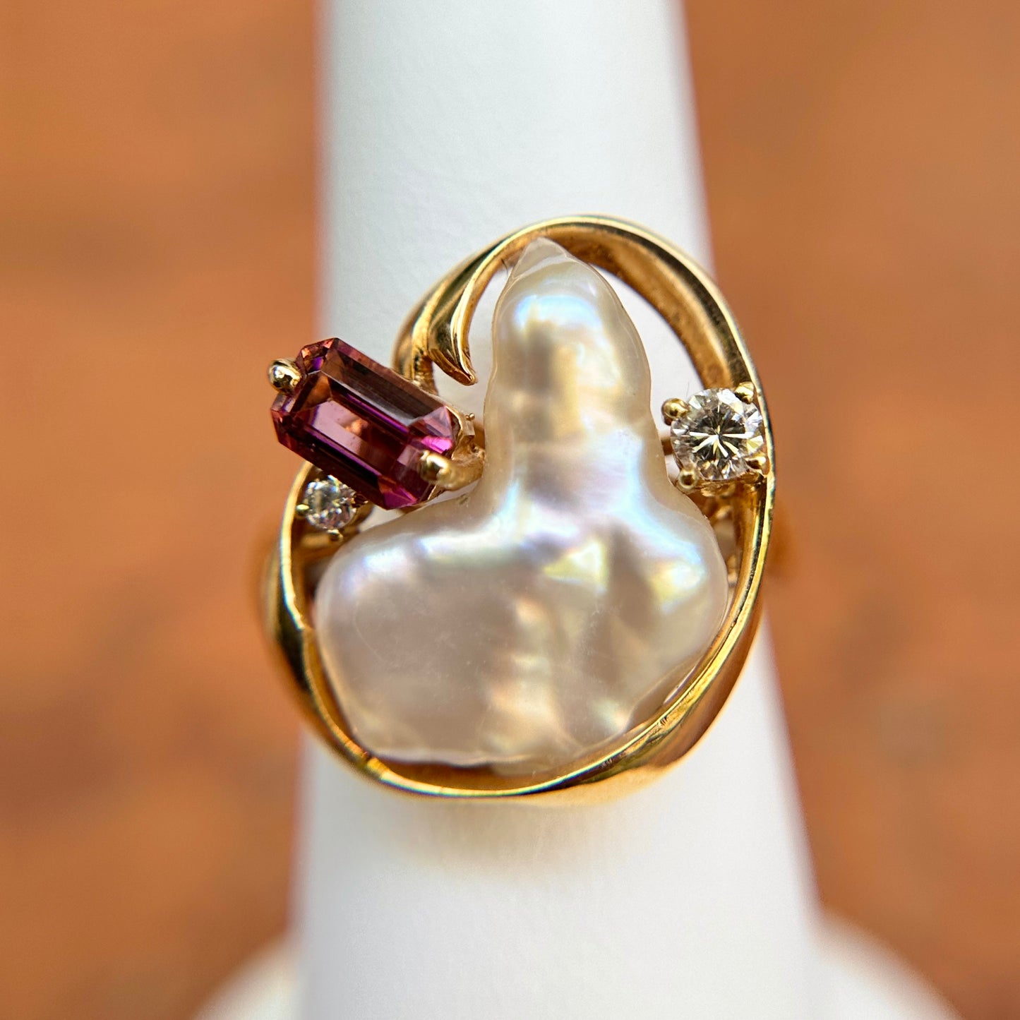 Estate 14KT Yellow Gold Blister Pearl, Tourmaline, + Diamond Ring