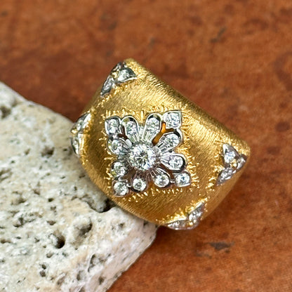 Estate 18KT Yellow Gold Diamond Textured Matte Wide Band Ring