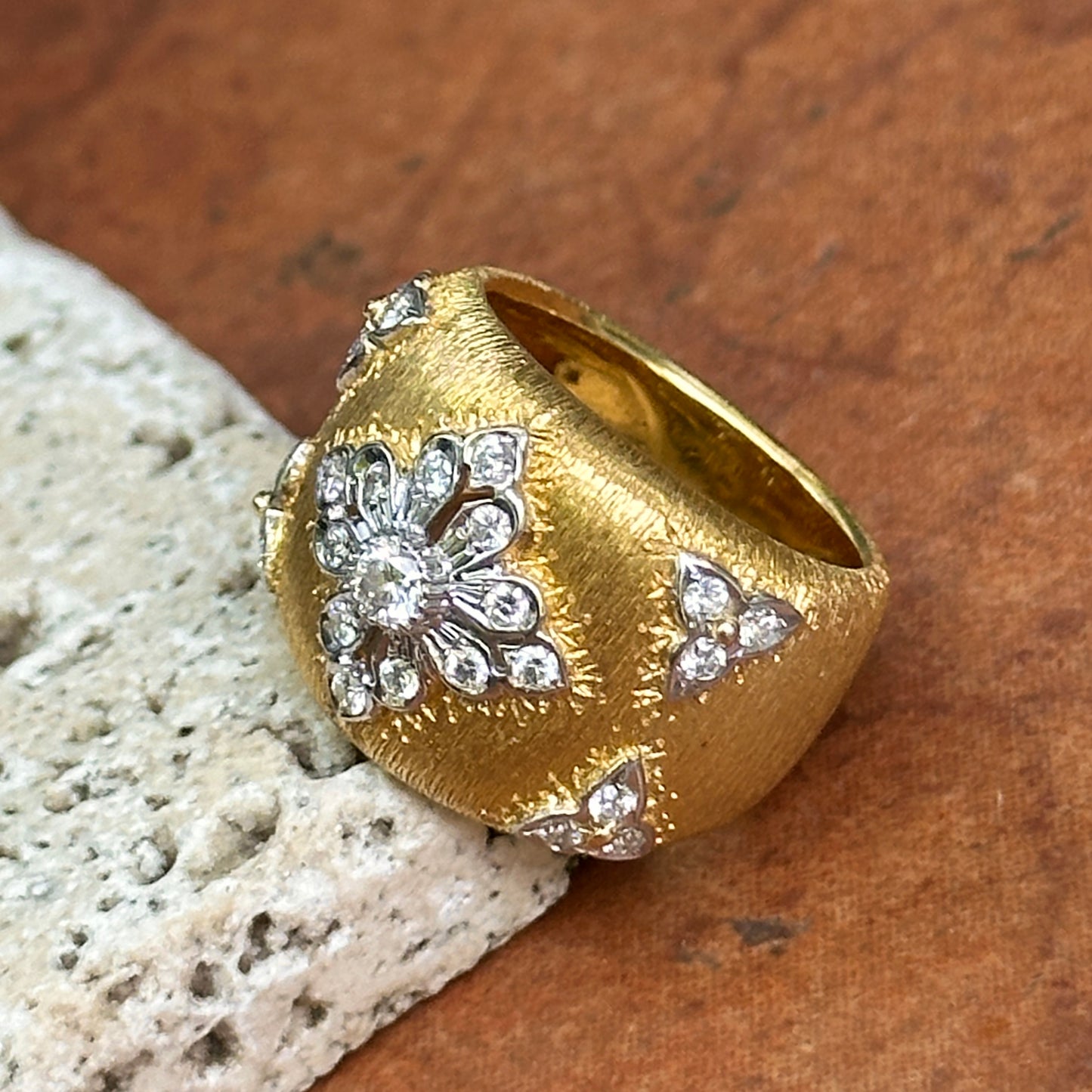 Estate 18KT Yellow Gold Diamond Textured Matte Wide Band Ring