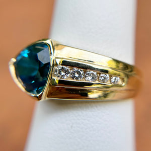 Estate 14KT Yellow Gold Bezel Trillion Blue Topaz + Diamond Ring