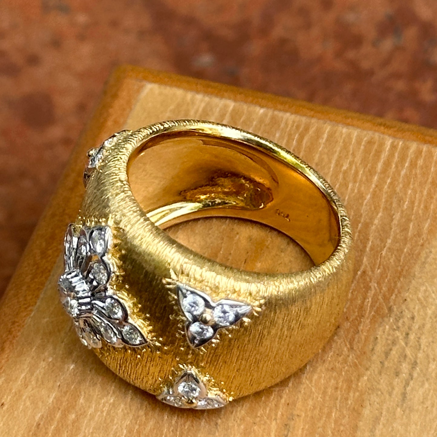 Estate 18KT Yellow Gold Diamond Textured Matte Wide Band Ring