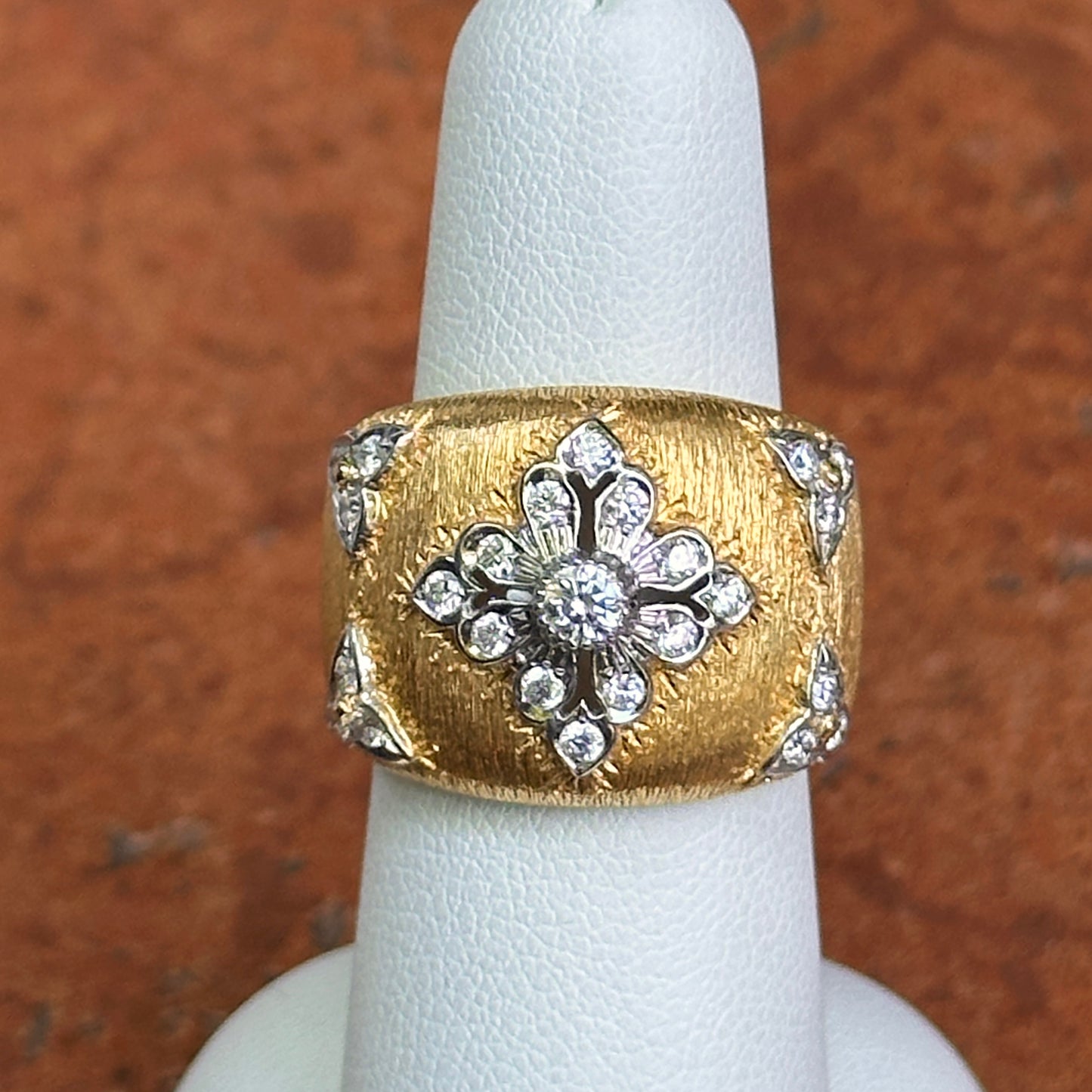 Estate 18KT Yellow Gold Diamond Textured Matte Wide Band Ring