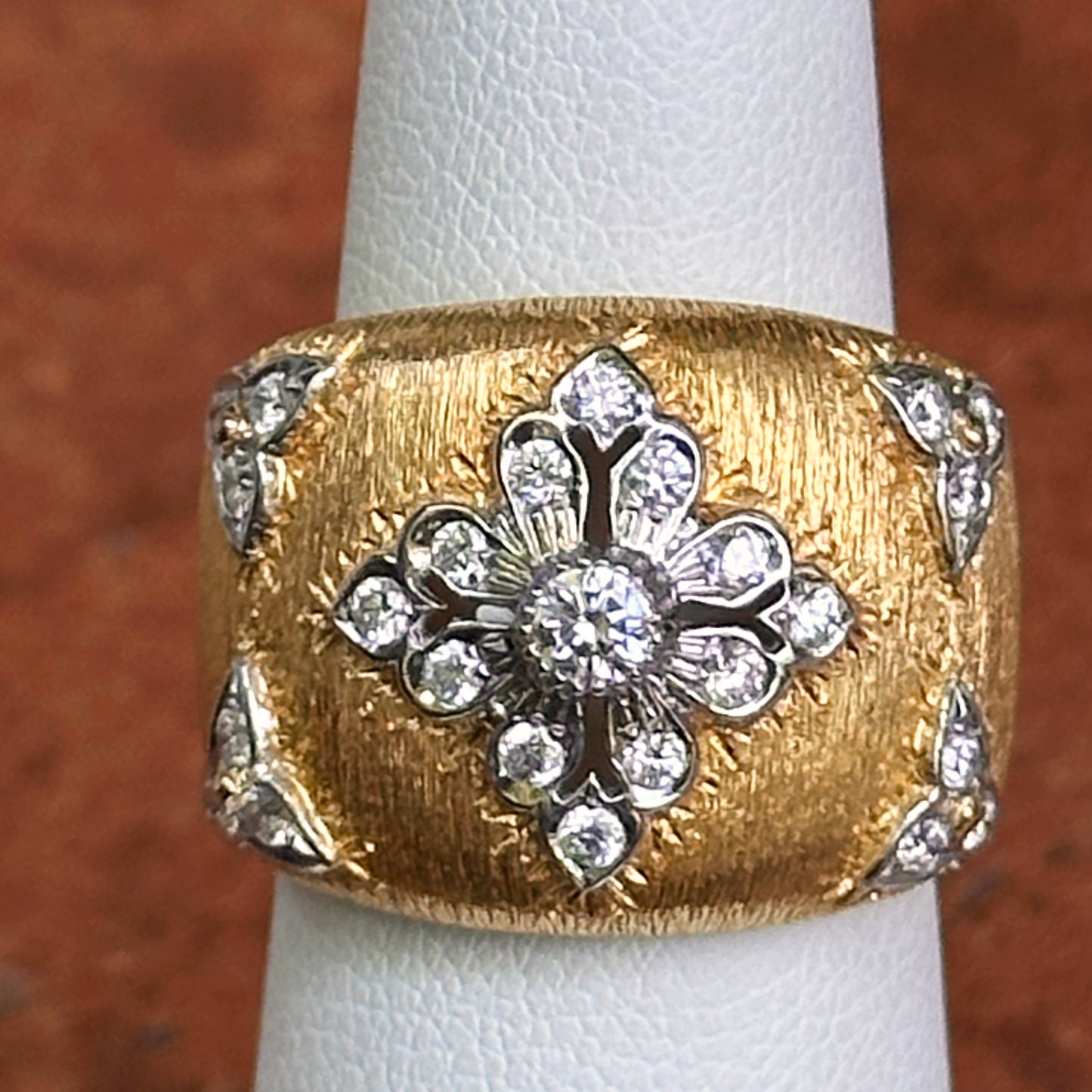 Estate 18KT Yellow Gold Diamond Textured Matte Wide Band Ring