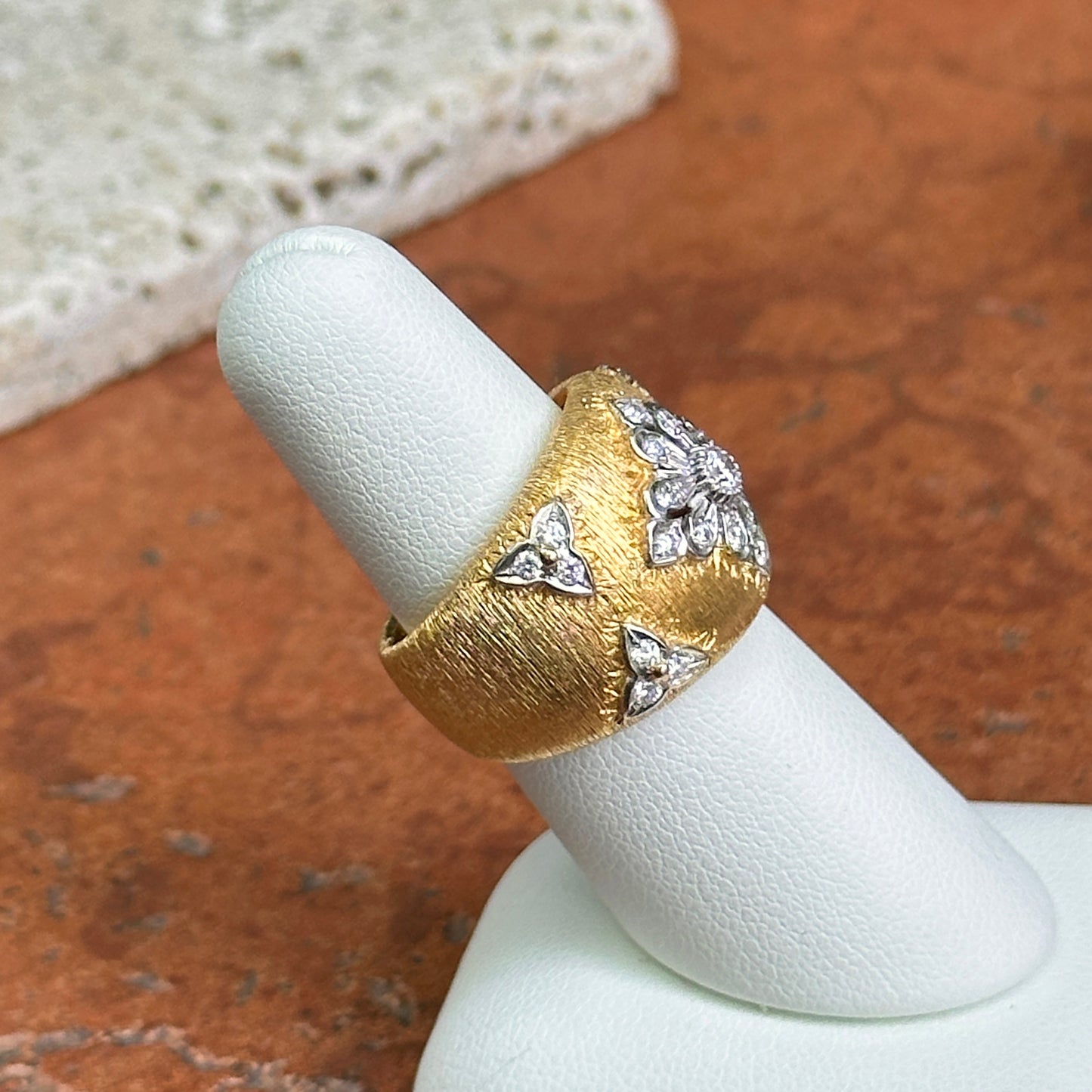 Estate 18KT Yellow Gold Diamond Textured Matte Wide Band Ring
