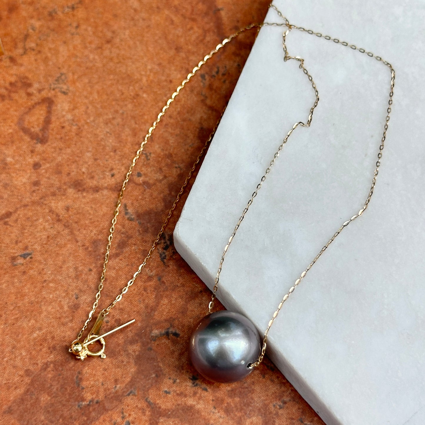 Estate 18KT Yellow Gold 15mm Tahitian Pearl Chain Necklace