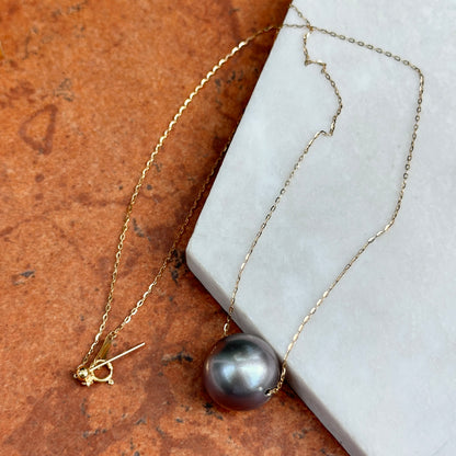 Estate 18KT Yellow Gold 15mm Tahitian Pearl Chain Necklace