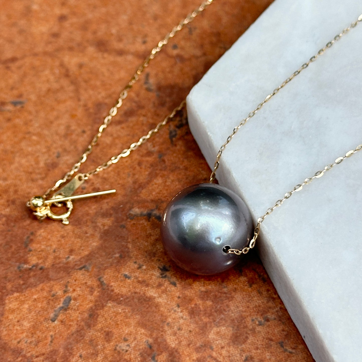 Estate 18KT Yellow Gold 15mm Tahitian Pearl Chain Necklace