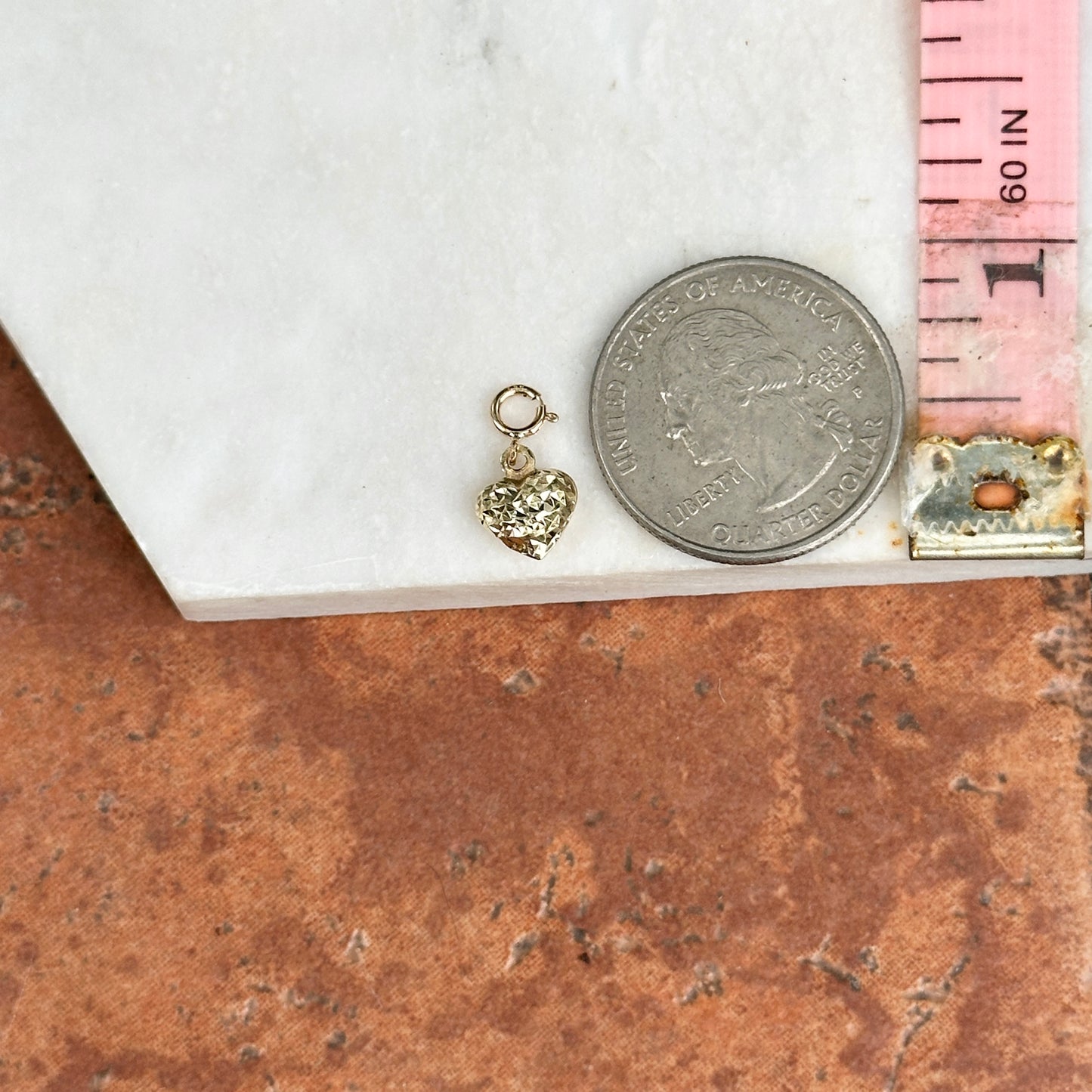 14KT Yellow Gold Diamond-Cut Puffed Heart Spring Ring Clasp Charm