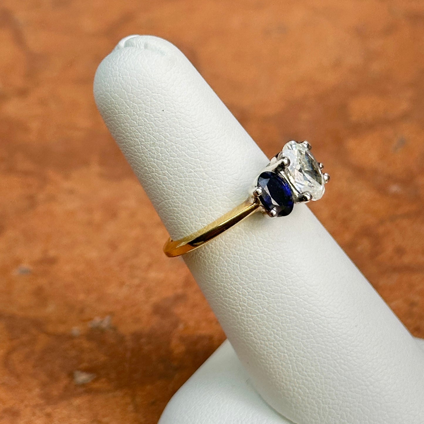 Estate 18KT Yellow Gold Oval Blue Sapphire + CZ Ring