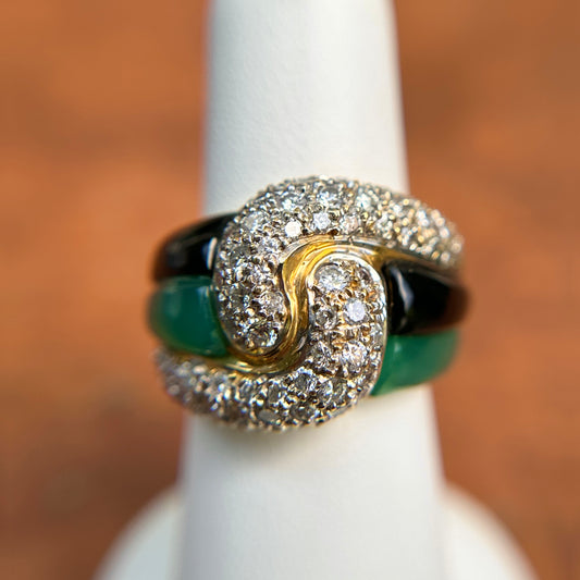 Estate 18KT Yellow Gold Black + Green Onyx, Pave Diamond Dome Ring