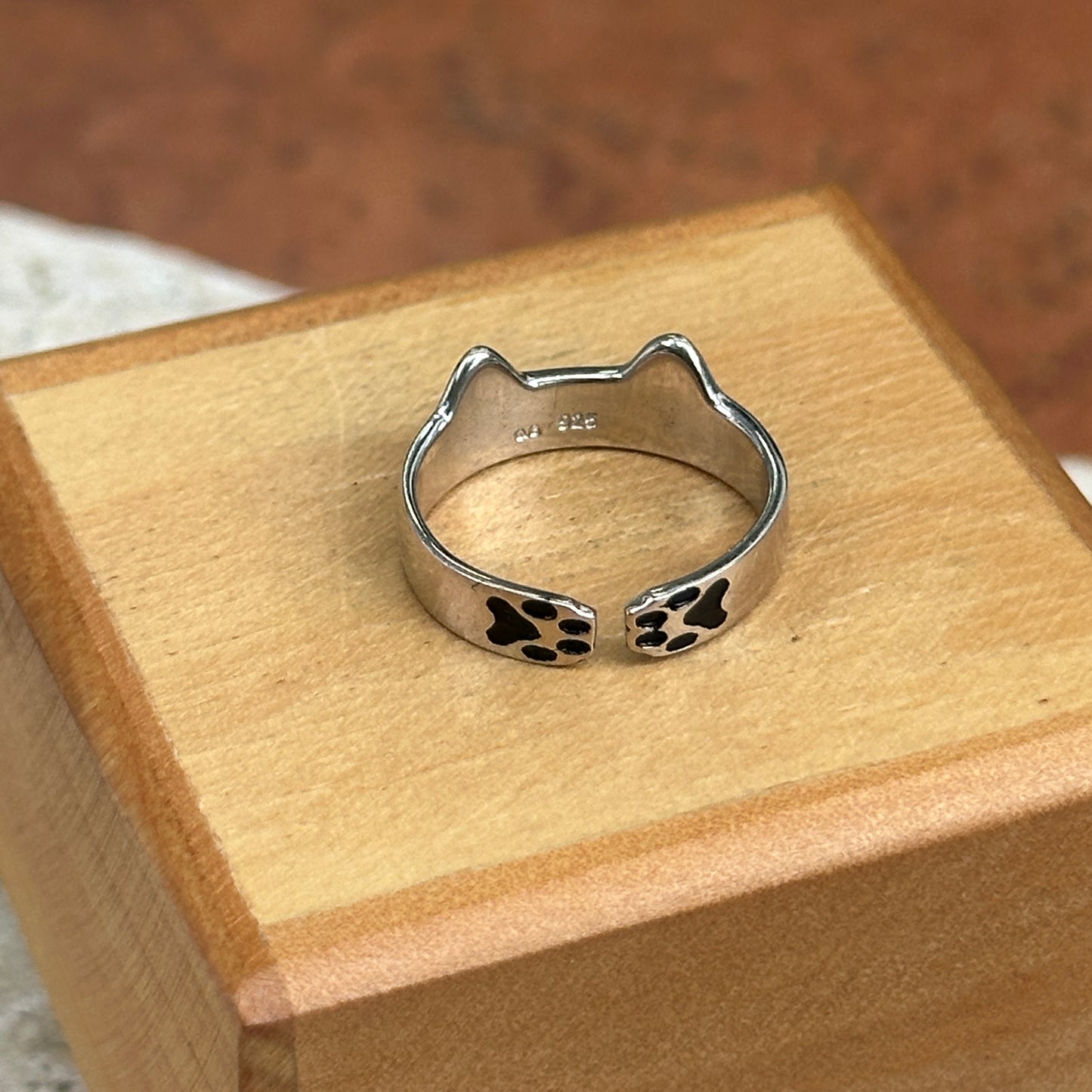 Sterling Silver + Black Enamel Cat Toe Ring Adjustable