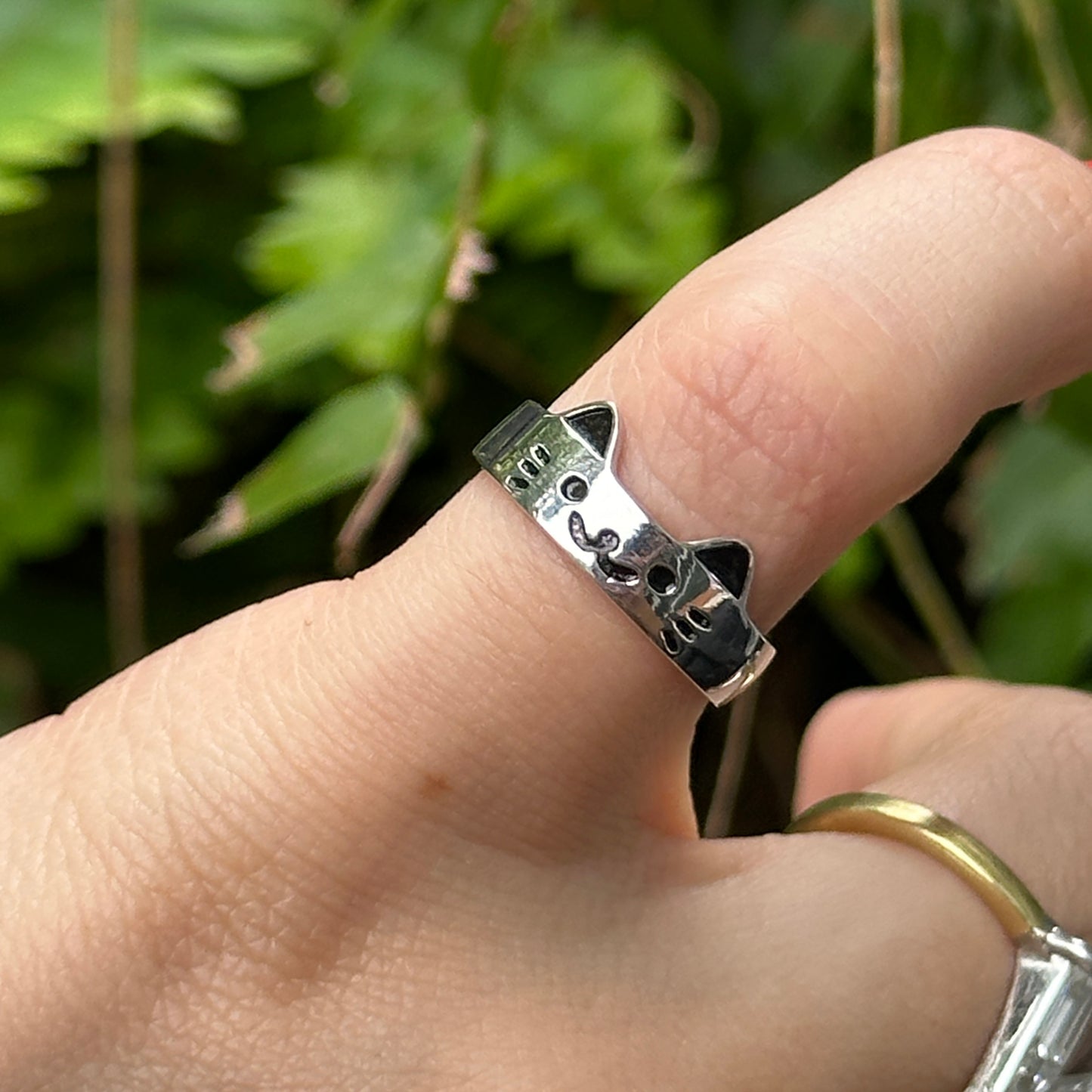 Sterling Silver + Black Enamel Cat Toe Ring Adjustable