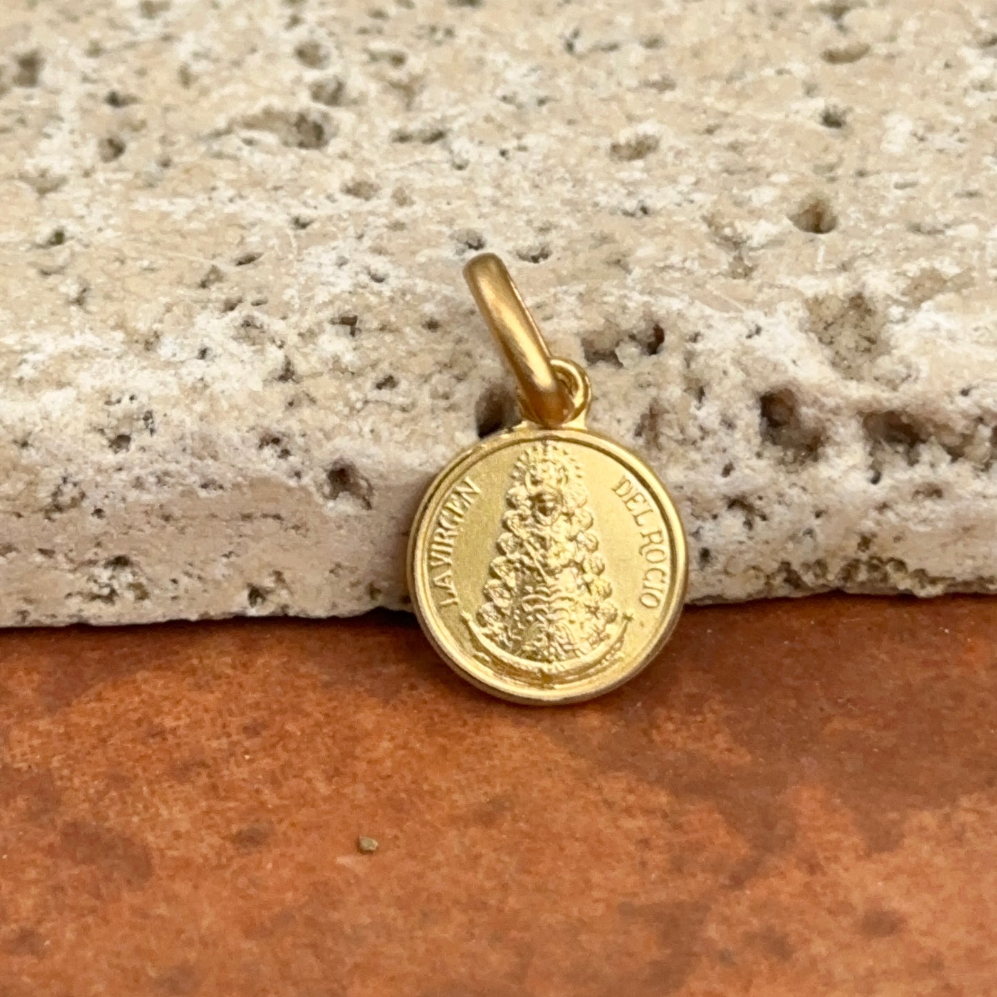 14KT Yellow Gold Virgin del Rocio Matte Medal Pendant Charm 10mm