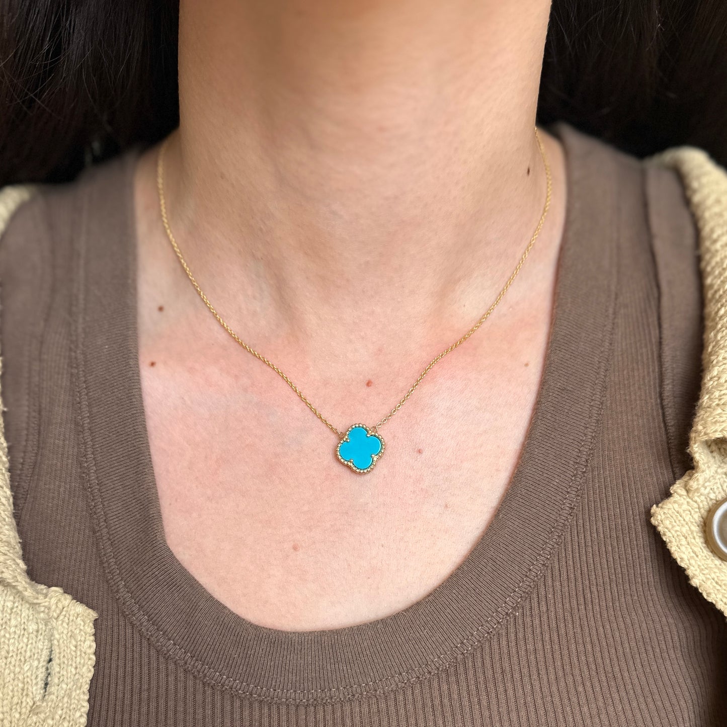 14KT Yellow Gold Turquoise 4 Leaf Clover Chain Necklace