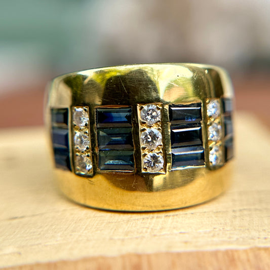 Estate 18KT Yellow Gold Channel Baguette Sapphire + Diamond Ring