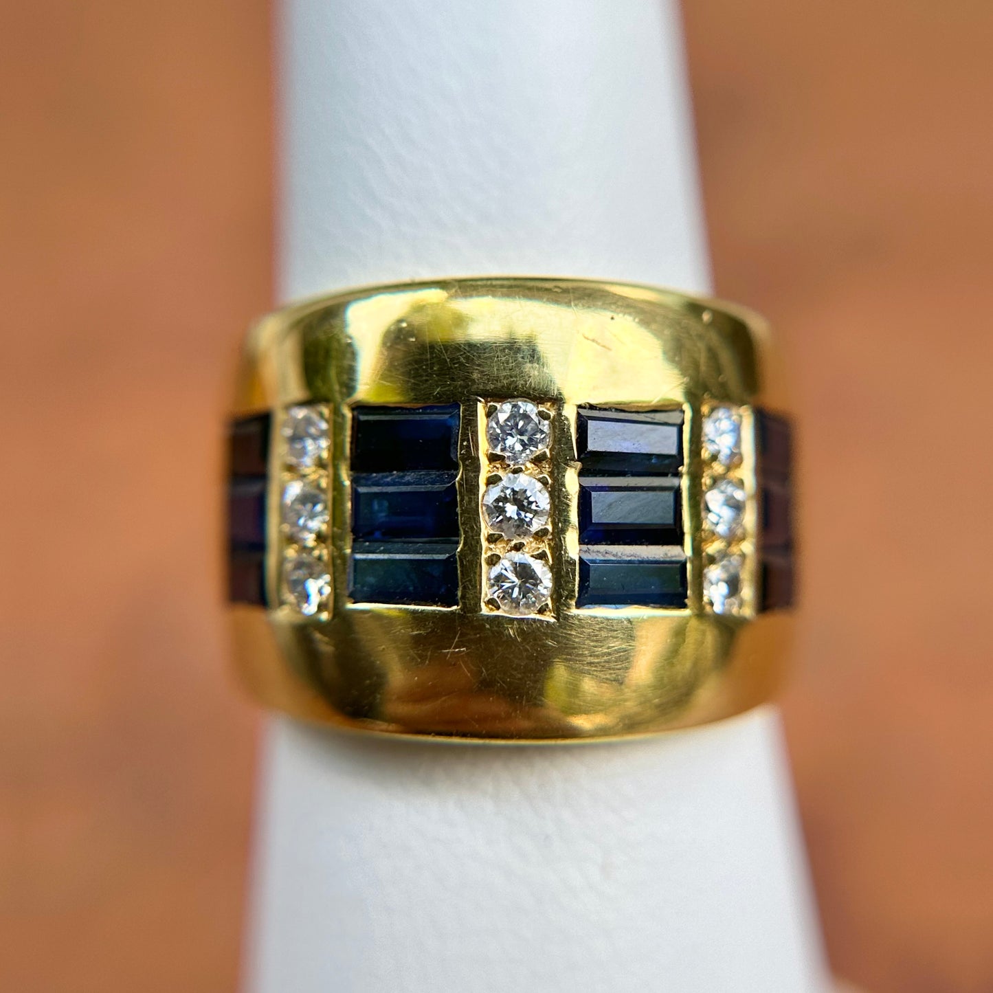 Estate 18KT Yellow Gold Channel Baguette Sapphire + Diamond Ring